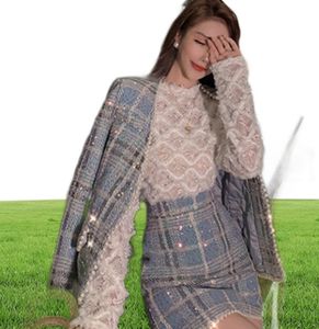 Piste d'automne d'hiver diamants perlé plaid en laine femelle veste en tweed manteau élégant jupe femme vêtements 2 pièces set costume 2208176016996