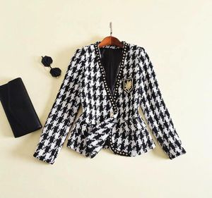 Runway Fashion 2021 Designer Jacket Women039S Lange Mouw Badge Borduurwerk Rivet Houndstooth Tweed Outer Coat Jackets5721021