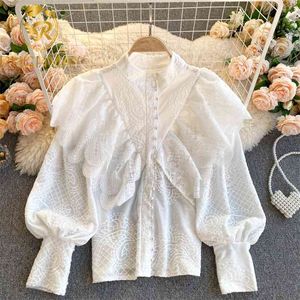 Pasarela moda otoño volantes camisa blanca Top mujeres bordado Stand Collar encaje Patchwork gasa blusas mujer 210506