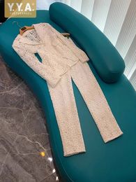 Runway Fashion Women Slim Fit Lace Flowers Suits Sets Elegant Designer Solid Color Office Ladies Blazers Pants Juego de dos piezas 240403