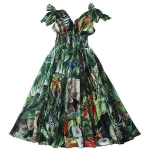 Runway Bos Dierenprint Groene Maxi Jurk Zomer Dames Vlinderdas V-hals Hoge Elastische Taille Chiffon Lange Jurk 2023295N