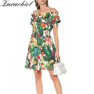 Runway Holiday Zomer Boho Strand Vrouwen Sexy Off Schouder Tropische Jungle Fruit Bloemenprint Lantaarn Mouw Korte Jurk 210416