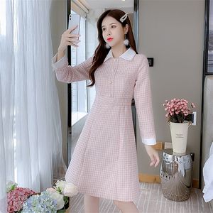 Piste coréenne automne luxe rose perle bouton Tweed Patchwork femmes robes femme élégante haute qualité robe en laine robe 220817