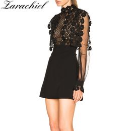 Runway Patchwork Black Lace Automne Femmes Manches longues Fleur Broderie Crochet Creux Out Mini Robe 210416