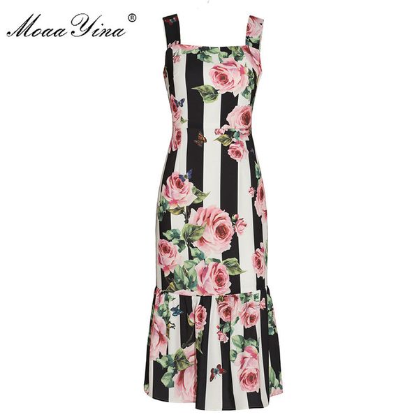 Runway Sexy Spaghetti Strap Robe Femme Charmante Stripe Rose Floral Print Slim Package Fesses Robes de sirène 210524