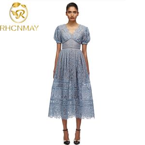 Runway Sexy Dames Blauwe Midi Jurk V-hals Puff Sleee Fit Flare Lace Party Elegant Casual Long Christmas ES 210506