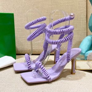 Runway Stretch Hoge Hak Vrouwen Sandalen Vierkant Open Teen Enkel Cross Party Sandalen Sexy Purple Telefoon Lijn Ontwerper Rome Sandaal