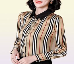 Blouse de soie à rayures à piste Elegant Women039S Designer Shirts Casual Long Spring Automne Office Bureau Slim Butto8720183
