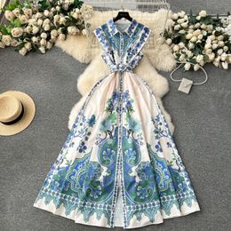 Casual Jurken Zomer Elegante Print Bloemen Lange Jurk Dames Mouwloos Revers Enkele rij knopen Riem Tank Strandfeest Vestidos Kleding 2024