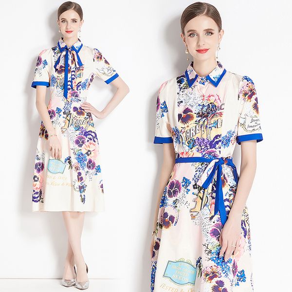 Piste vintage floral imprimé femmes midi robes collier à manches courtes à noix de nœud papillon