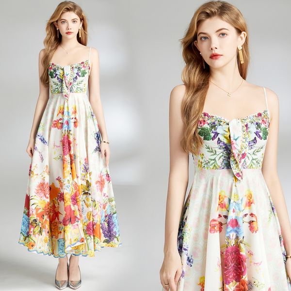 Piste vintage fleurs arc-en-ciel imprimé féminins dames midi longues robes de soleil noix de noeud