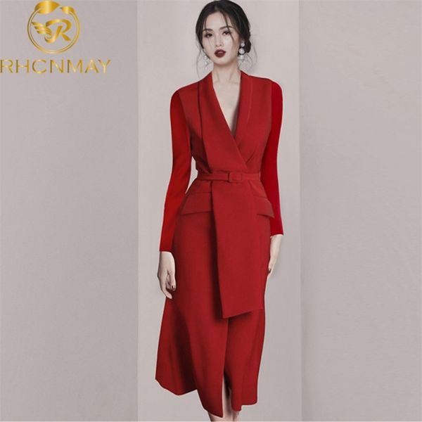 Piste Femmes Robes Rouges Printemps Vintage Manches Longues Ceinture Slim Blazer Dames Sexy Col En V Élégant Bureau Fête 210506