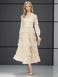 Runway dames lente herfst hoge kwaliteit mode feest beige kant mesh geborduurd zoete klassieke chique mooie elegante lange jurk