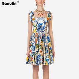 Runway Vrouwen Zomer Jurk Boog Spaghetti Backless Blauw en Wit Porselein Bloemenprint Mini Jurk Vestido Mujer Verano1