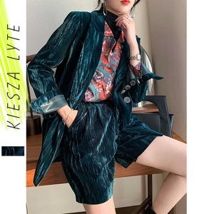 Runway Dames Velvet Blazer Lente Herfst Britse Stijl Gestreepte Pak Broek Jas Streetwear 210608