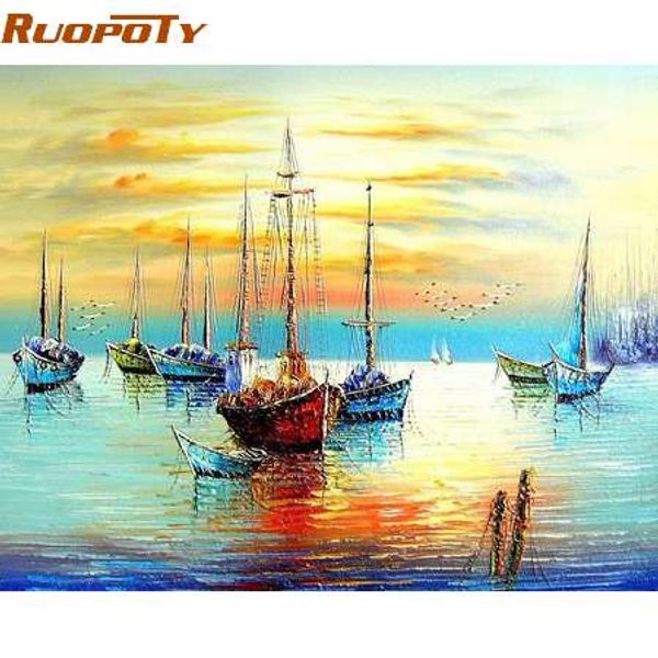 RUOPOTY bateau à voile paysage marin peinture à la main par numéros Kits peinture acrylique sur toile abstraite moderne mur Art photo décor à la maison