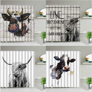 Rural Farm Highland Cows Cortinas de ducha Lnspirational Quotes Flower Tablero de madera Fondo Baño Decoración Cortina impermeable Set 211116