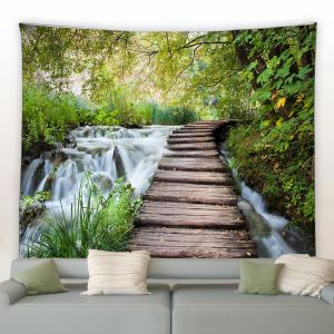 Landelijk natuur landschap tapijtbosbosplant rustieke houten brug waterval stof muur hangende woonkamer slaapkamer tuin decor