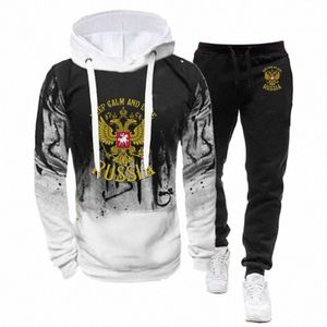 Rusland Badge Gold Eagle Print 2 Stuks Pak Lente Herfst Mannen Sweatshirt Set Spl Inkt Hoodies + Trainingspak broek Fitn Sportkleding X1i0 #