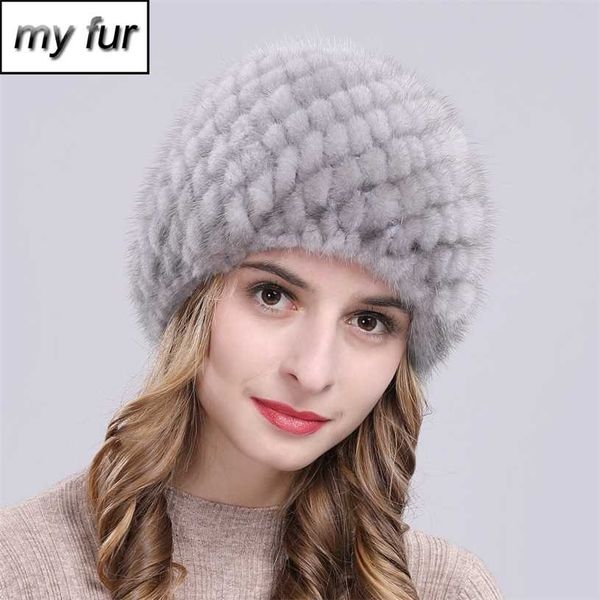 Russie hiver dame naturel vison fourrure bonnets chapeau tricot chaud rayé véritable casquette bon élastique réel 211229