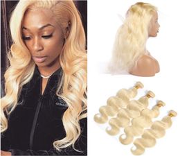 Faisceaux blonds russes avec 360 front 613 blond décoloré vague de corps cheveux humains 360 fermeture en dentelle complète 225x4x2quot avec tissages 48945648