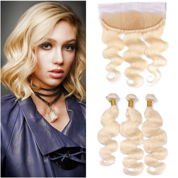 Paquetes de 3 piezas de cabello humano rubio ruso con onda frontal del cuerpo # 613 Bleach Blonde teje tramas de cabello virgen con cierre frontal de encaje 13x4