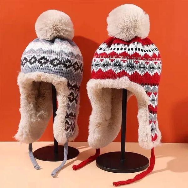 Casquette russe hommes femmes tricoté trappeur oreillette casquette de Ski mâle femme épais chaud hiver bonnet chapeau fourrure pompon Russain chapeau 240122