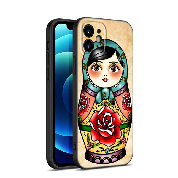 Muñecas rusas Matryoshka Case de teléfono para Apple iPhone 12 13 Mini 11 14 Pro X XR XS MAX 6 6S 7 8 Plus SE 2020 2022 5S Cubierta negra