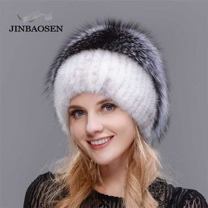 Russische modieuze minkbont hoed vrouw winter warm gebreide natuurlijke en waterboor ski hoed 211228