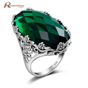 Bague en cristal de pierre verte russe, grand motif de fleur, en argent Sterling massif 925 pur, bijoux classiques Vintage pour femmes, 240112