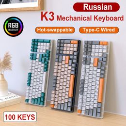 Russische K3 100 toetsen RGB Gaming Mechanisch toetsenbord voor Gamer Hot-Swap Knor Type-C Wired Gaming-toetsenborden Personaliseerde KeyCap
