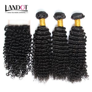 Kinky bouclés cheveux vierges avec fermeture 7A Grade non transformés cheveux bouclés bouclés de cheveux humains 3Bundles et 1Pcs Top Lace Closures taille 4x4 