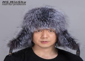 Russische stijl unisex Silver Fox Fur Hat met schapenvachtleer Outer Shell Winter Ear slap headwarmer5824361