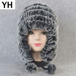 Russe hiver réel oreillette chapeau femmes tricoté véritable Skullies casquette bricolage chaud doux Rex fourrure de lapin bonnets casquettes Y201024259m