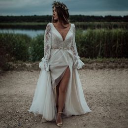 Rustiek Boheemse strand Trouwjurk Sexy Backless Side Split Lange Mouwen Een Lijn Elopement Bruidsjurken Diepe V-hals Land Bruid Jurken Vestidos de Novia