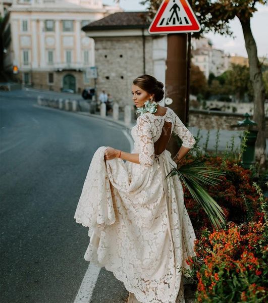 Vestido de novia con espalda abierta y encaje bohemio rústico con mangas Vestidos de novia de playa bohemios vintage Una línea Country Plus Size Bridal Go266p