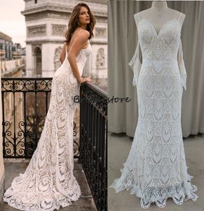 Rustieke boho kant trouwjurk 2022 sexy spaghetti riemen zeemeermin bohemian country jurken hippie backless strand bruid feestjurken chique vrouwen robe de mariée