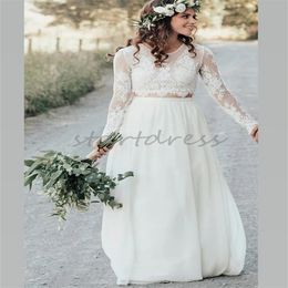 Rustique Boho Deux Pièces Robe De Mariée Top Dentelle À Manches Longues Jardin Plage Robe De Mariée En Mousseline De Soie Sous Jupe Bohème Curvy Robes De Mariée 2024 Mariage Civil Vestios De Novias