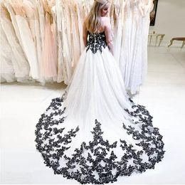 Rustieke bruidsjurk Appliques Lace Robe de mariee Engament vintage zwart -wit gotisch land trouwjurk