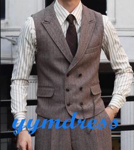 Gilets de marié marron rustique en laine à chevrons Tweed, costume pour hommes, bal de promo, dîner du matin, Slim Fit, robe de mariage personnalisée 253Q