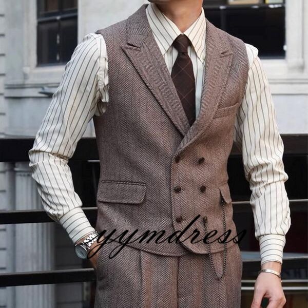 Gilets de marié brun rustique Herringbone en tweed combinaison pour hommes de la fête de bal de bal de bal à hommes slim