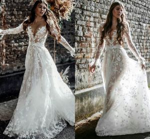 Rustique Pays Floral Dentelle Une Ligne Robes De Mariée Pour Les Femmes Avec Des Manches Longues Sexy Col En V Profond Nude Boho Robes De Mariée Plus La Taille Réception Robes De Soirée De Mariee CL2206