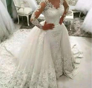 Rustic Country Lace A Line Trouwjurk met Afneembare Trein Applicaties Lange Mouw Kapel Bruidsjurken Plus Size Bridal Jurken Sexy Open Back 2022