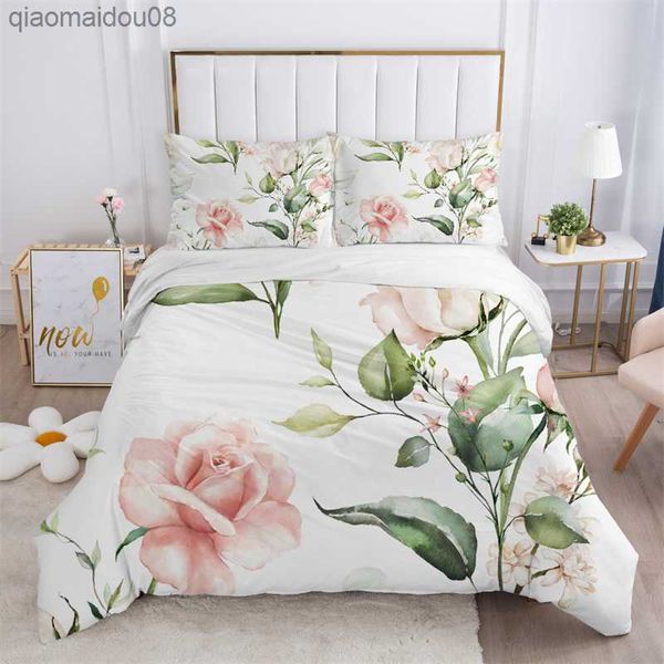 Juego de cama de flores rústicas blancas Juego de funda de edredón floral de hojas de árbol de microfibra Juego de funda de edredón con estampado 3D con fundas Decoración de habitación L230704