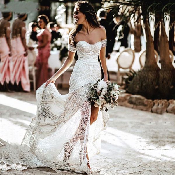 Robes de mariée sirène en dentelle au crochet rustique, longues robes de mariée fendues sur le devant, sexy, pays d'été, Boho Beach, robe de mariée chérie sur mesure, 2022