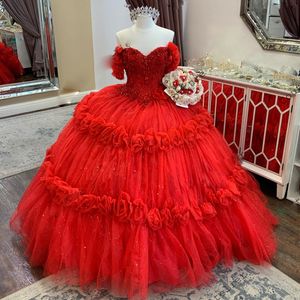 Robes de Quinceanera à fleurs rouges rustiques faites à la main, robe de bal à paillettes perlées, robe de fête d'anniversaire de 15 ans, robes de bal princesse Junior 326 326