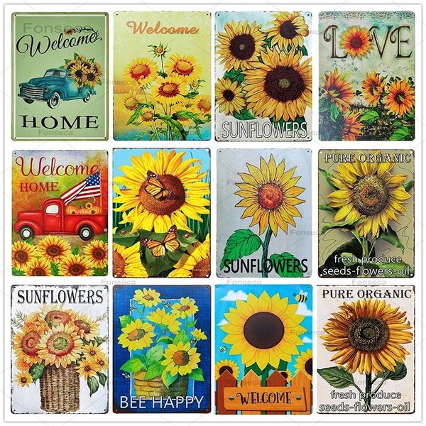 Rustique Sunflower Art Painting Signes Vintage Mur Metal Plaques Home Garden Decoration Plaque de salle de bain Décor de salle de bain PEINTURE MUR COUNT