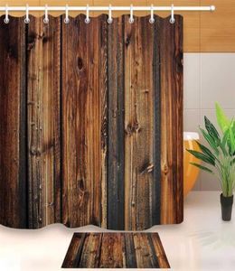 Panneau en bois rustique Brown Plank Shower Shower Curtain and Bath Mat Set Araproproping Polyester Rains de salle de bain pour baignoire DÉCOR 2112239019505
