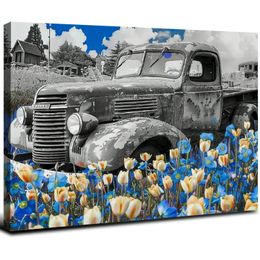 Rustige vrachtwagen canvas muur kunst vintage auto blauwe tulpen bloem foto's schilderen land kunstwerk afdrukken huis boerderij keuken woonkamer slaapkamer decor klaar om op te hangen