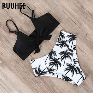 RUUHEE Bikini traje de baño mujeres traje de baño cintura alta conjunto push up frente nudo traje de baño verano playa desgaste biquini 210702